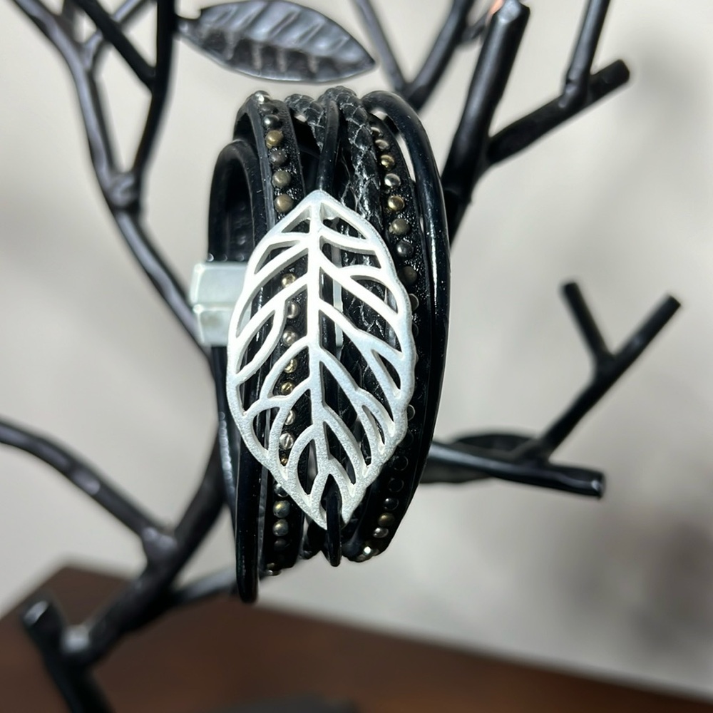 Faux Leather Strappy Bracelet With Brushed Silver Leaf.  Magnetic Closure
